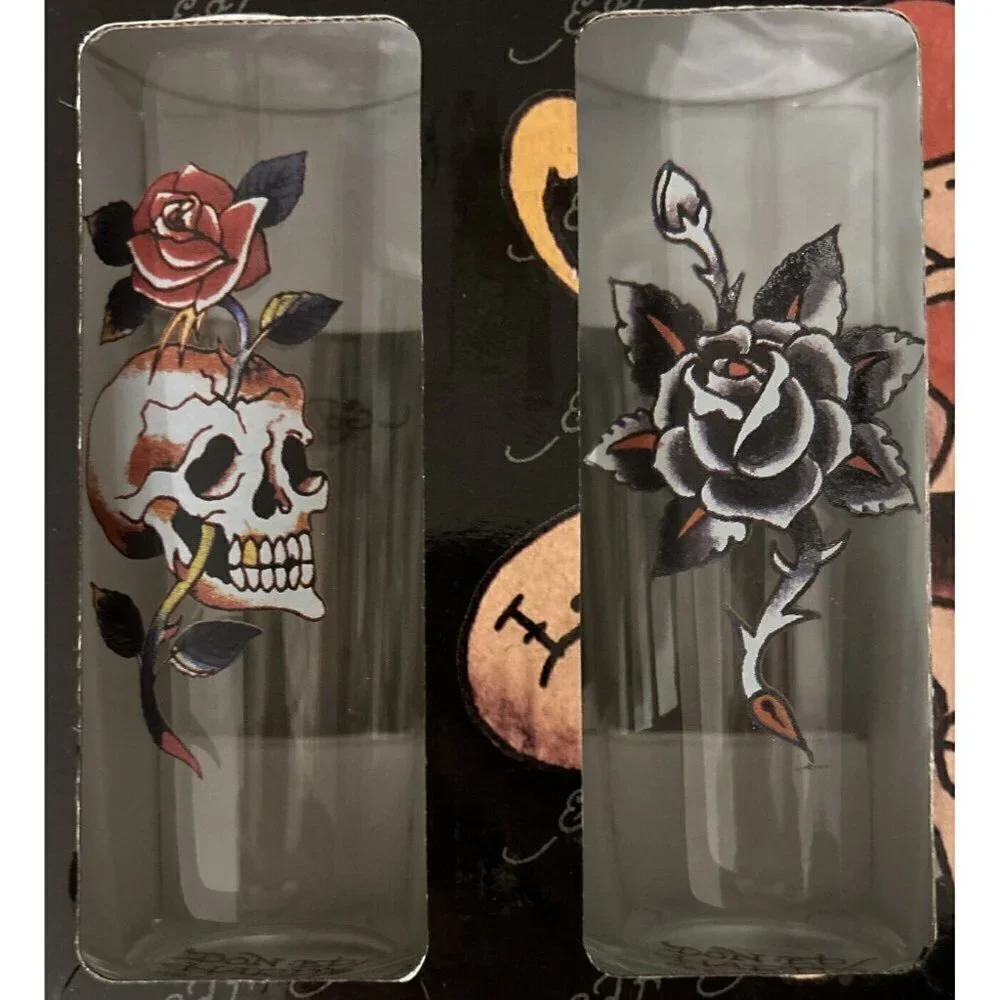 Set of 4 Don Ed Hardy 14 oz. HI-BALL GLASSES Devils Vampire Blood NEW in Box
